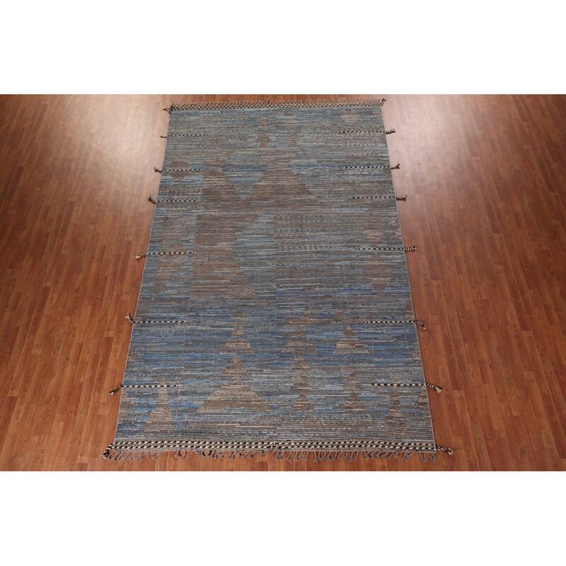 Blue Striped Moroccan Abstract Area Rug Hand-Knotted Wool Carpet - 8'0"x 12'7"