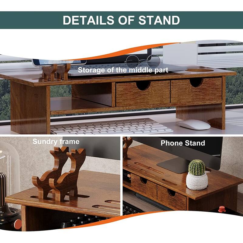 Wood Computer Monitor Stand Desktop Organizer with Drawer
