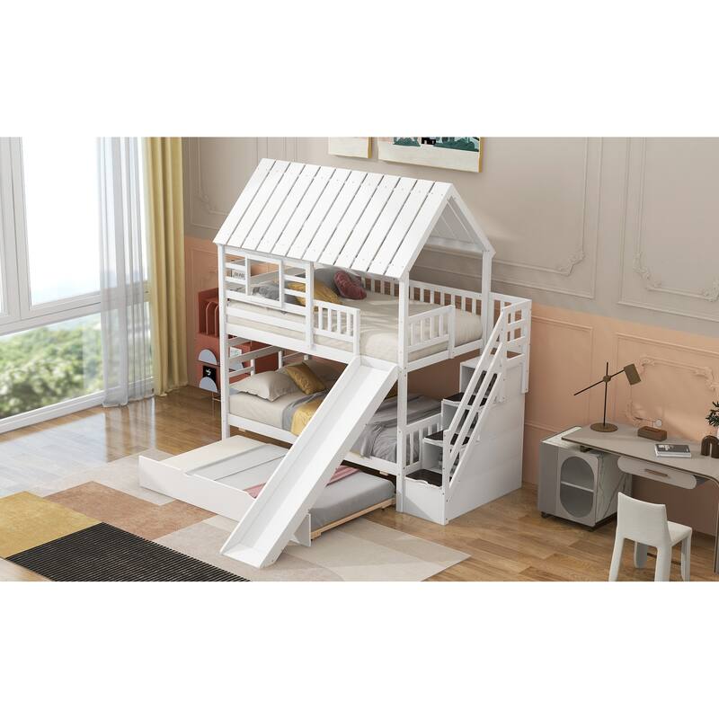 Twin Over Twin House Bunk Bed With Slide And Windows