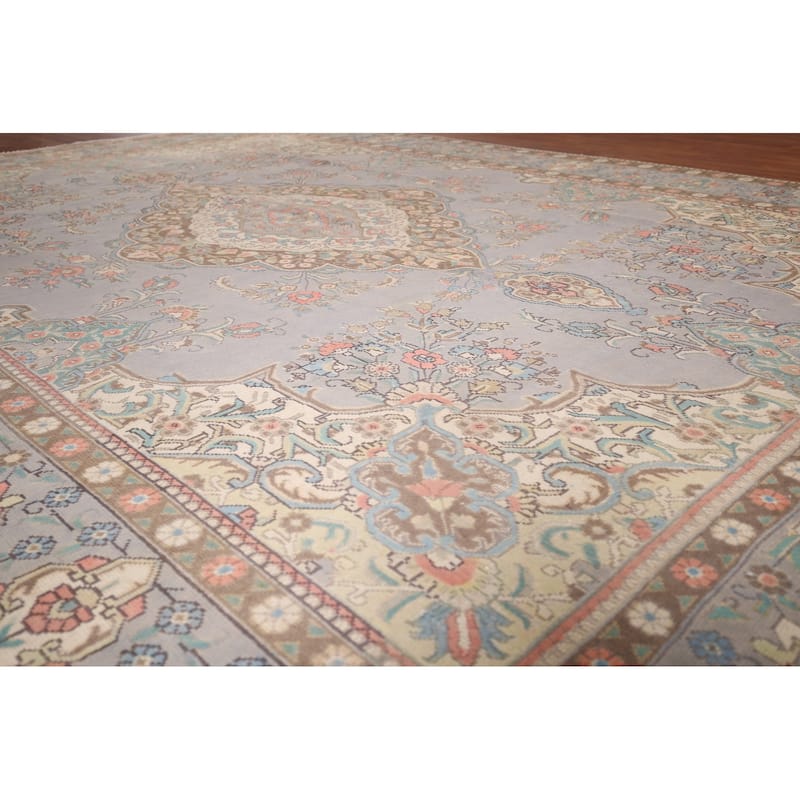 Traditional Gray Tabriz Persian Vintage Rug Hand-Knotted Wool Carpet - 9'6"x 12'11"