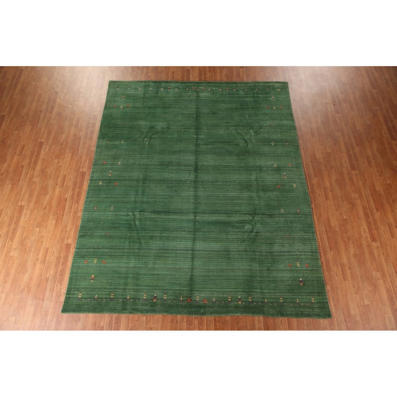 Striped Green Gabbeh Oriental Area Rug Handmade Silk Carpet - 9'1"x 11'5"