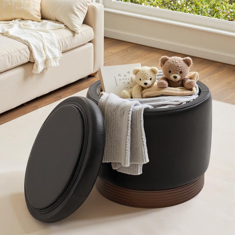 Round Swivel Storage Ottoman Footstool with Flip-top and Acacia Frame
