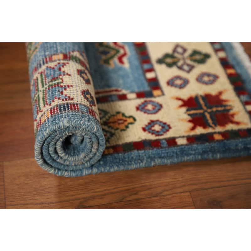 Blue Kazak Oriental Foyer Rug Handmade Geometric Wool Carpet - 2'0" x 3'0"