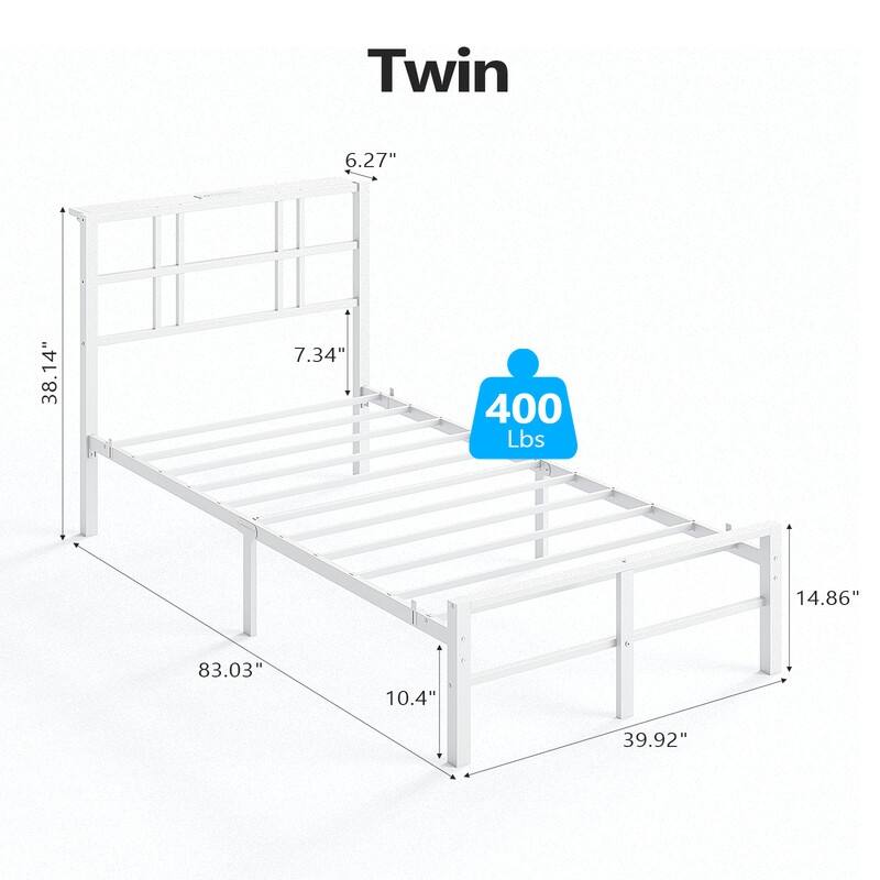 Twin Metal Platform Bed Frame with Storage Headboard,LED Lights,Charging Station,Wooden Storage Shelf,Underbed Storage Space