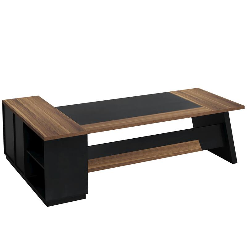 78.7" L-Shaped Executive Desk with File Cabinet & Drawers Light Walnut + Black