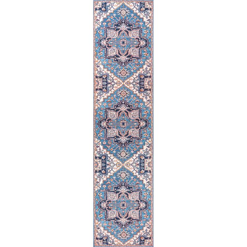 JONATHAN Y Victoria Ornate Large Medallion Machine Washable Area Rug - 2 X 10 - Blue/Beige