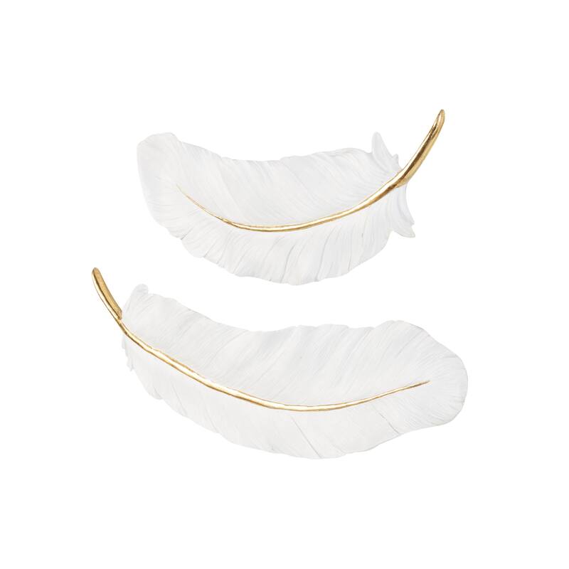 Resin Bird Feather Home Wall Decor with Gold Foil Accent - Set of 2 White - Roche River Decor