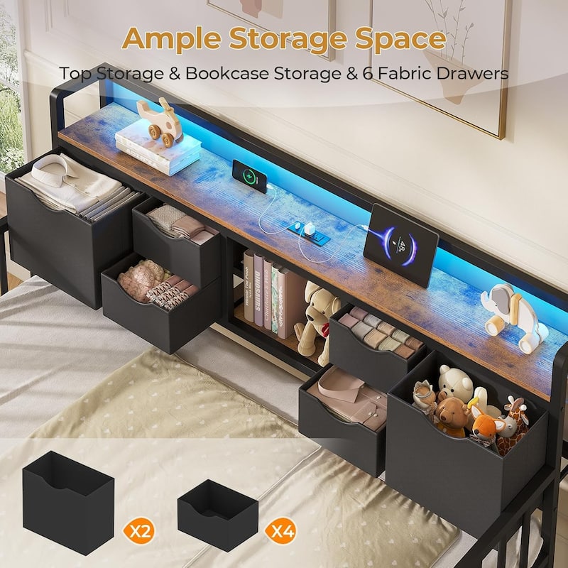 Daybed with Trundle Charging Station LED Lights Storage Headboard