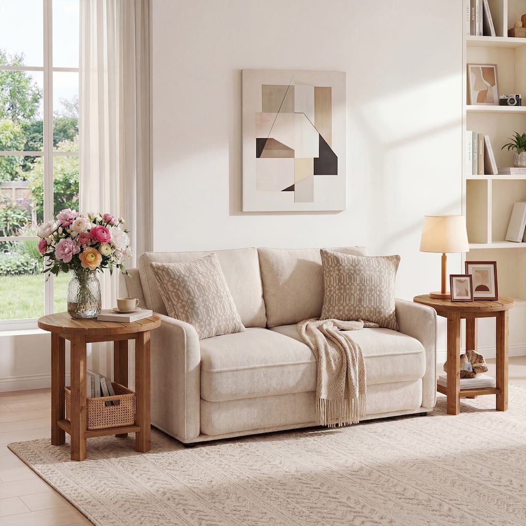 Solid Wood Round End Table With 2-tier Storage For Living Room, Small Spaces