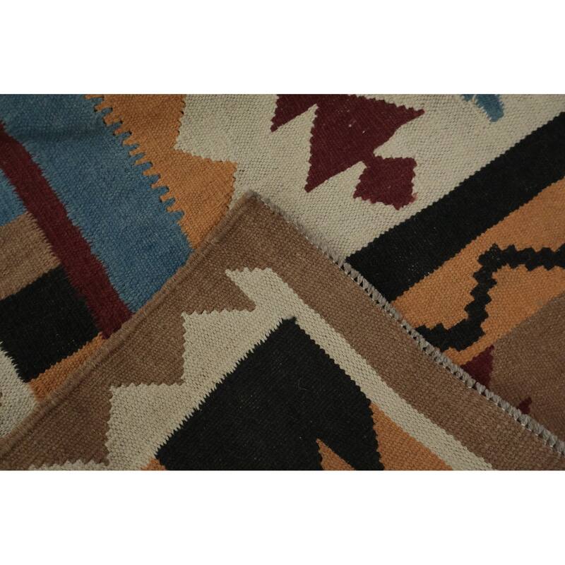 Hand Woven Oriental 100% Wool Carpet Southwestern Tribal Beige & Ivories Kilim Area Rug - 11' 10'' X 5' 2''
