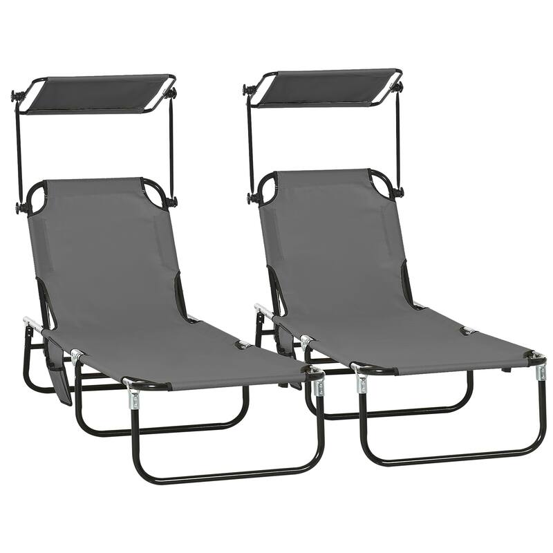 Outsunny Folding Chaise Lounge Pool Chairs with Canopy Shade, Reclining Back, Steel Frame and Side Pocket, 2 Piece