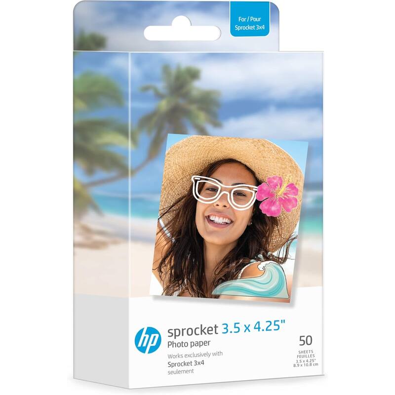 HP Sprocket 3.5x4.25” Zink Sticky-backed Photo Paper (50 Pack) for the HP Sprocket 3x4 Photo Printer - White - White