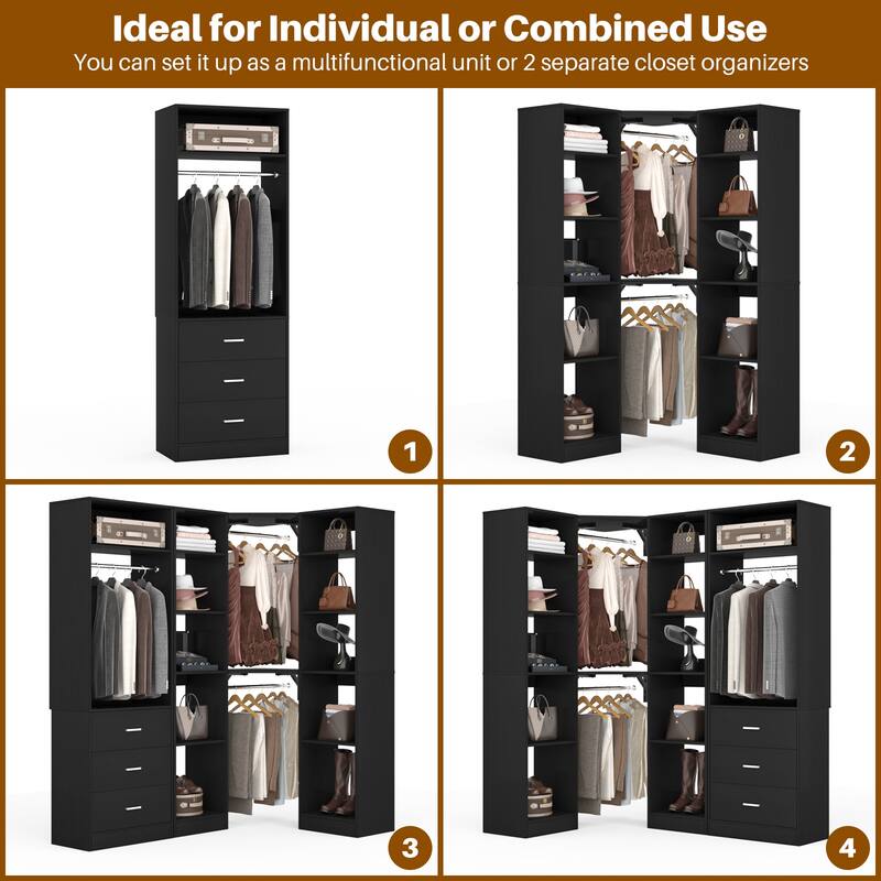 Kyrvo 63.2'' W Set of 2 Freestanding Corner Closet System with 3 Wood Drawers and 3 Hanging Rods for Walk-in/Reach-in Closet