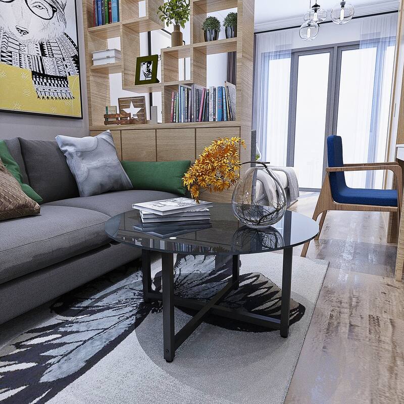 35.5'' Round End Table Modern Side Table with Metal Frame Sofa Center Tables with Tempered Glass Tabletop
