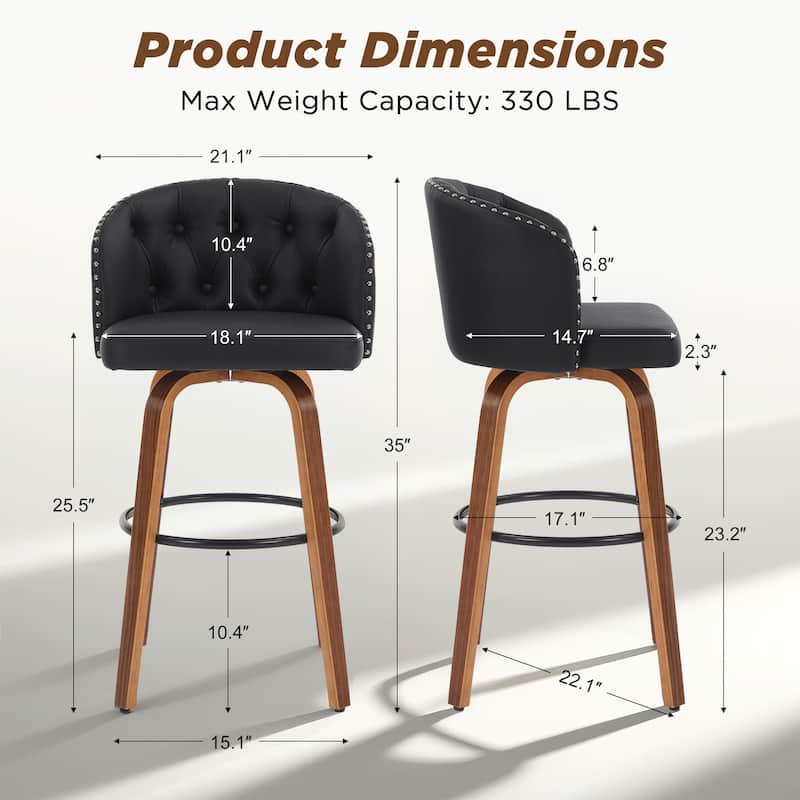Faux Leather Upholstered Wood Frame Swivel Counter Stools / Bar Stools, Set of 2