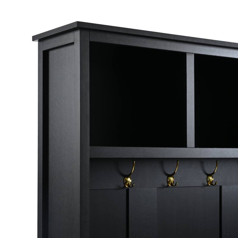 Entryway 4-in-1 Hall Tree with Bench and Shoe Storage, Wood Coat Rack Cabinet with Hooks & Anti-Tipping