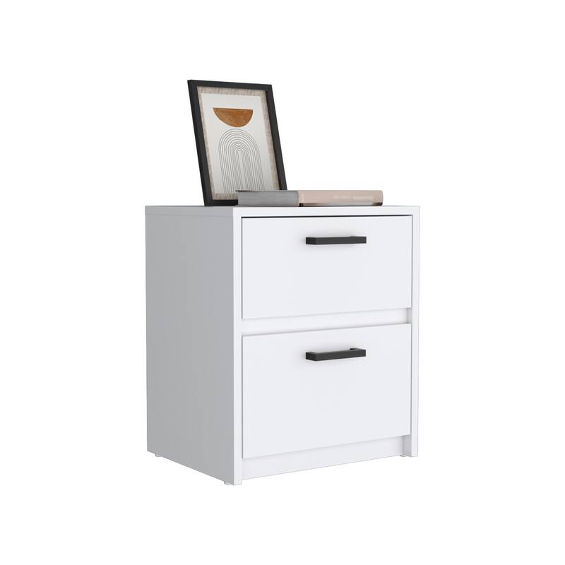 Modern Black Nightstand, Double Drawer with Metal Handles, 15.75"x12.72"x18.58"