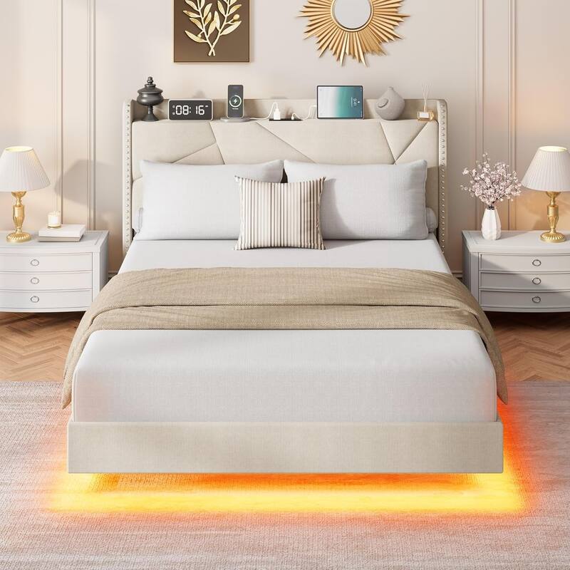 Full/Queen Floating Bed Frame with LED Lights & Charging Station, Upholstered Platform Beds with Storage Headboard