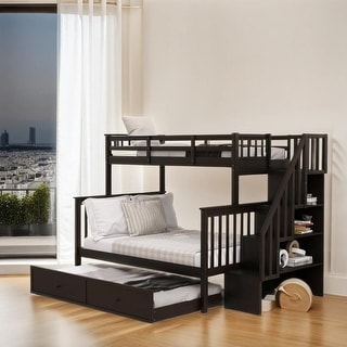 Maximized Space Twin over Full Bunk Bed with Twin size Trundle, Storage and Guard Rail for Bedroom, Dorm, for Adults, Espresso