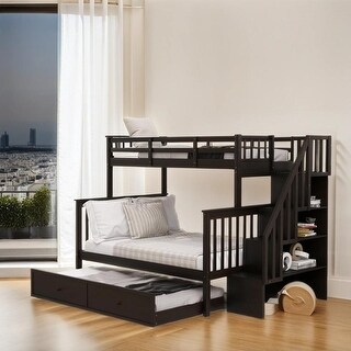Twin over Full Bunk Bed with Trundle, Maximized Storage Space, Espresso