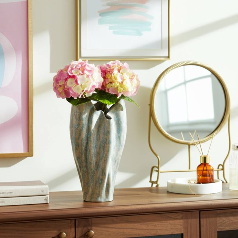 Ceramic Decorative Vase with Textured Wavy Design Modern Home Accent