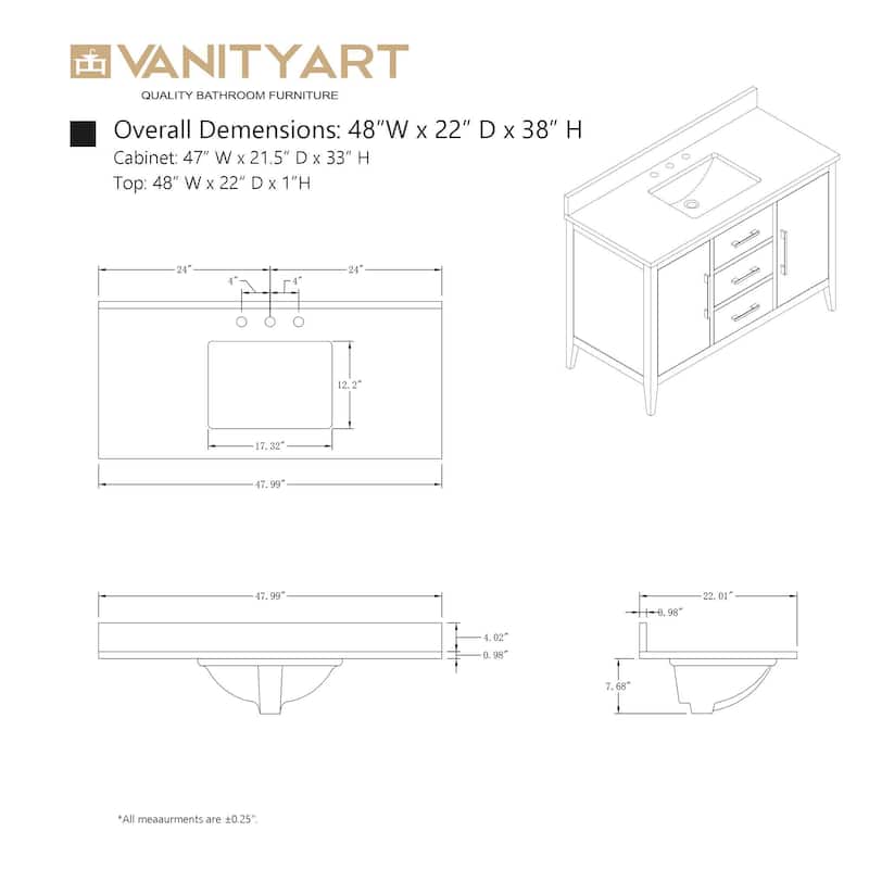 Vanity Art 48" Single Sink Bathroom Vanity Cabinet with Engineered Marble Countertop