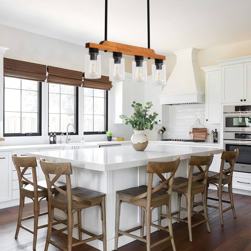 Farmhouse Chandelier for Dining Room Kitchen Island Rustic Wood Linear Pendant Light with Seed Glass Shade