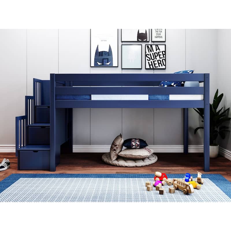 JACKPOT Contemporary Low Loft Twin Bed with 3 Step Stairway