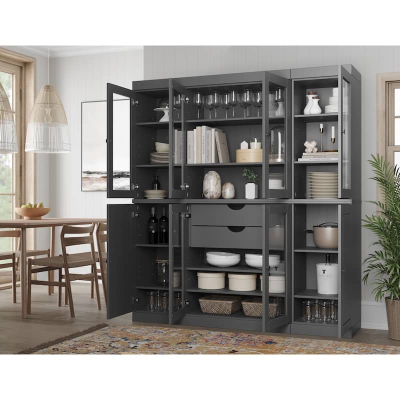 100% Solid Wood Kitchen China Pantry Buffet with Glass or Solid Wood Doors and 2-Drawer Kit by Palace Imports - 65" x 71.5" - Grey - 6 Clear Glass-2 Solid