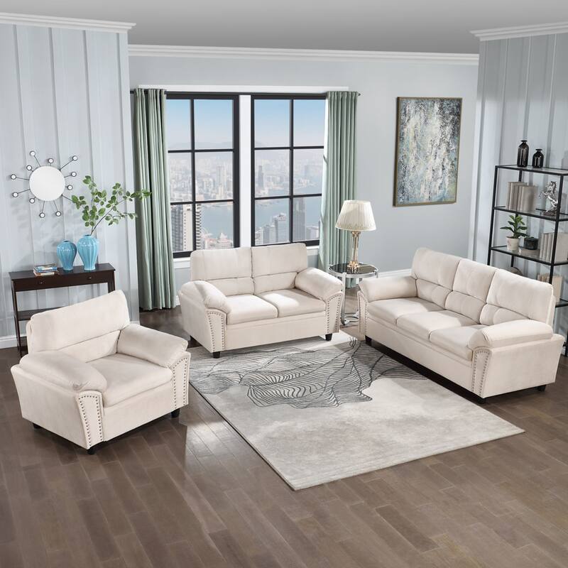 Mid-century Modern Upholstered Velvet Sofa Set with Armchair, Loveseat, 3-Seater Sofa