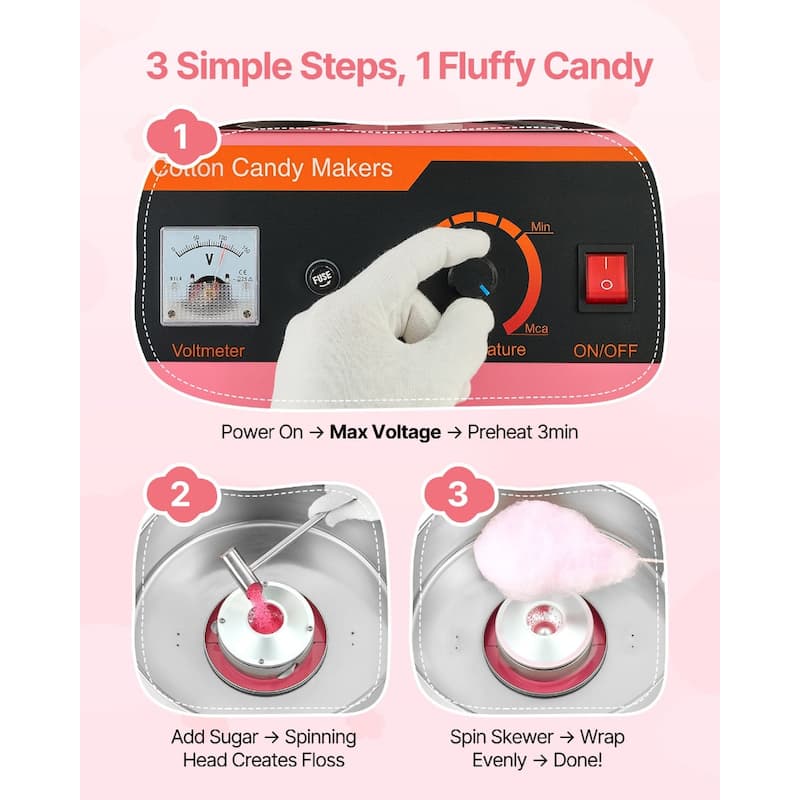 Pink Stainless Steel 1000W Cotton Candy Machine with Overheat Guard and Quick Clean - 14.96x14.96x13.31 in