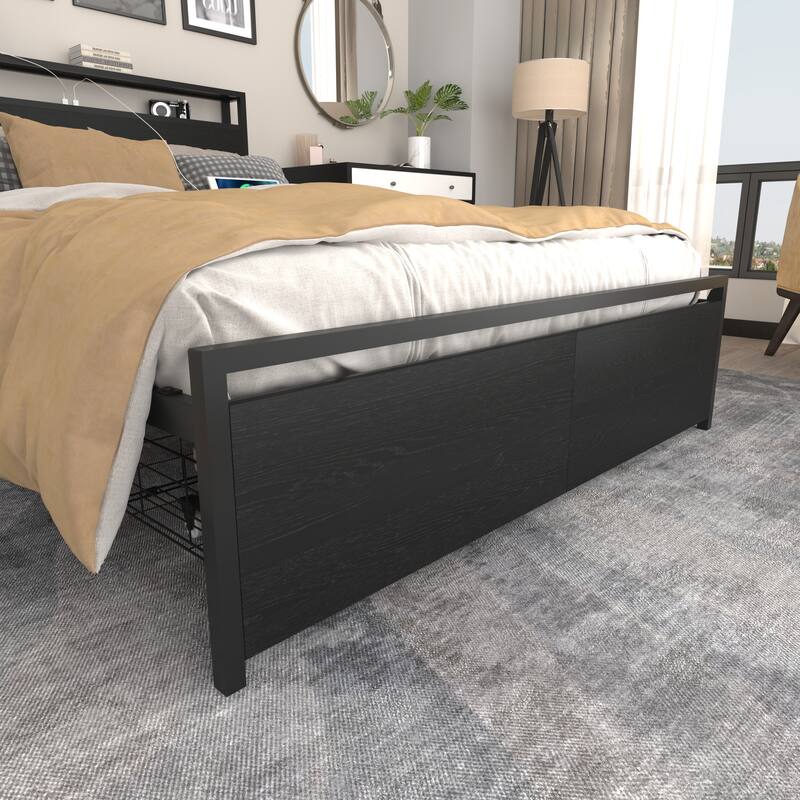 Full Size Metal Platform Bed Frame with Storage Headboard and 2 Drawers, LED Lights Bed with Charging Station, Storage Bed