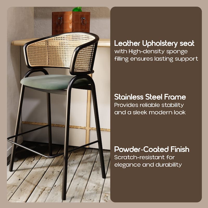 LeisureMod Ervilla Modern Wicker Leather Bar Stool with Curved Back & Stainless Steel Frame for Home & Kitchen