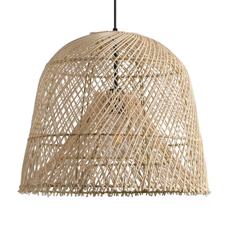 1-Light Coastal Retro Brown Rattan Hand-Woven Cloche Hanging Basket Pendant Light - 14.9" W x 59" H