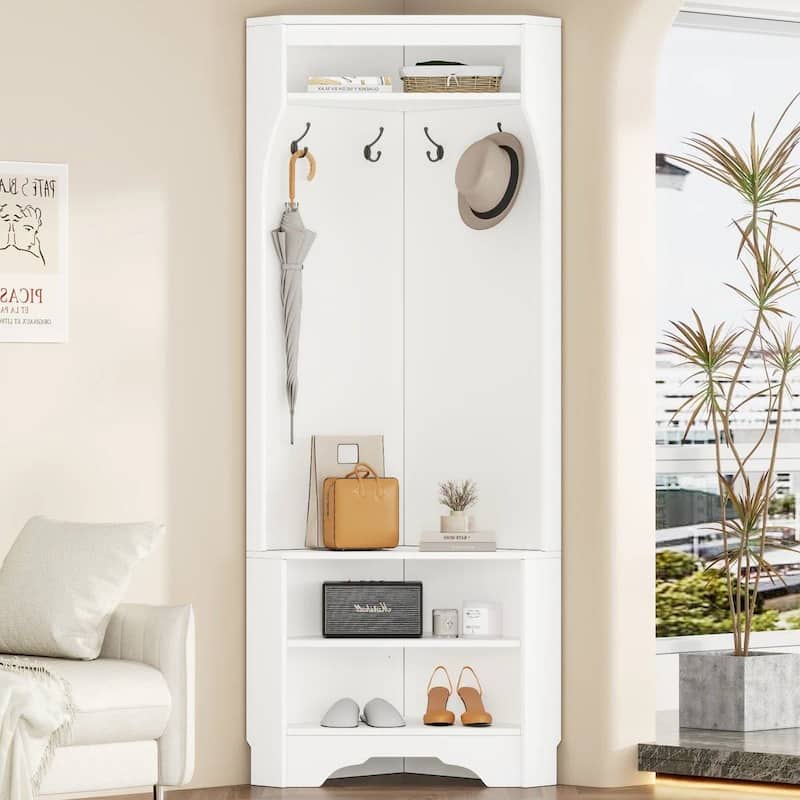 Modern Corner Hall Tree Coat Rack with Shoe Bench Storage Cabinet and Hooks Entryway Organizer - 29.5" x 71.6