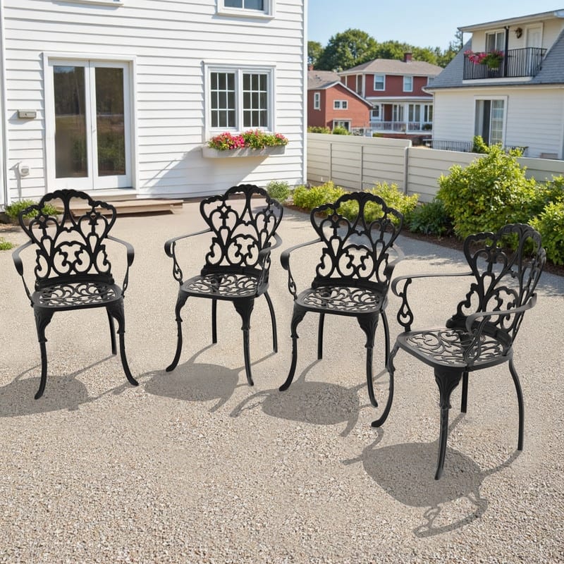 Black Cast Aluminum Patio Outdoor Dining Chairs with Seat Cushions