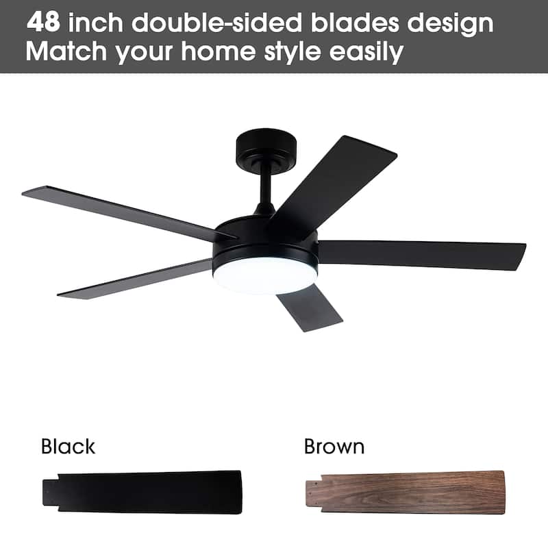 48" Modern Black Dimmable Integrated LED Smart Ceiling Fan with Light and App Control