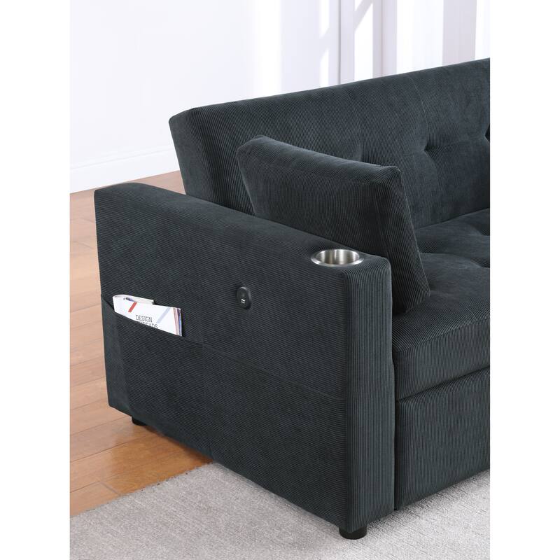 3 in 1 Convertible Pull Out Couch, Tufting Loveseat with Cupholders and USB Ports, 2 Seater Sofa with Pillows and Storage Bag