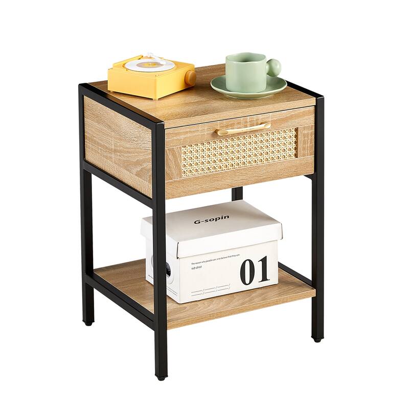 Modern Natural Rattan Wooden Nightstand/End Table/Side Table with Drawer(Set of 2)