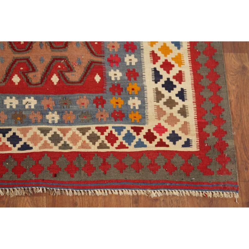Kilim Qashqai Persian Vintage Rug Handmade Vegetable Dye Wool Carpet - 5'5"x 9'9"