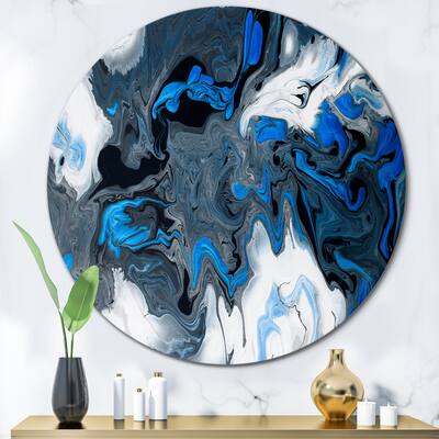Designart 'Blue Liquid Art Waves On White And Black' Modern Metal Circle Wall Art