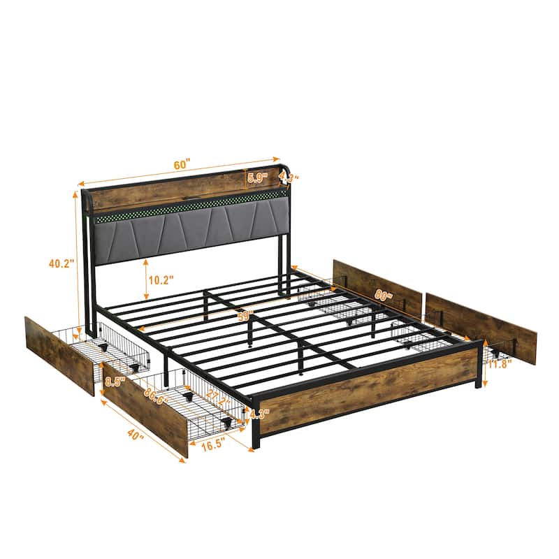 Bed Frame, Storage Headboard with Charging Station and 4 Storage Drawers,LED Lights