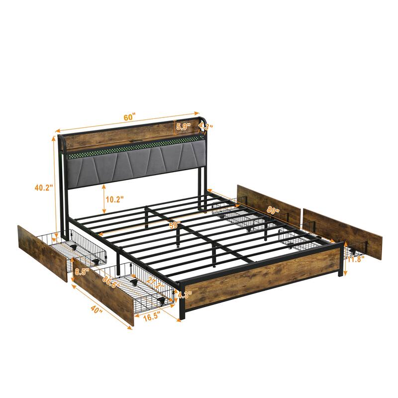 Queen Size Metal Platform Bed with 4 Storage Drawers,LED Lights and Charging Station