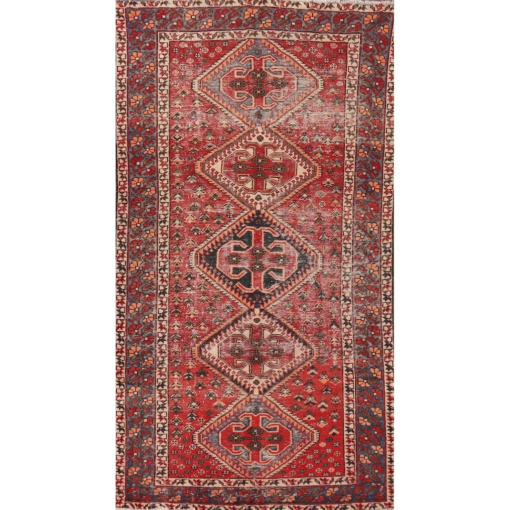 Distressed Bakhtiari Persian Vintage Rug Handmade Red Wool Carpet - 4'10"x 9'10"