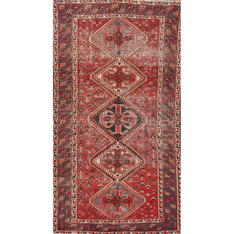 Distressed Bakhtiari Persian Vintage Rug Handmade Red Wool Carpet - 4'10"x 9'10"