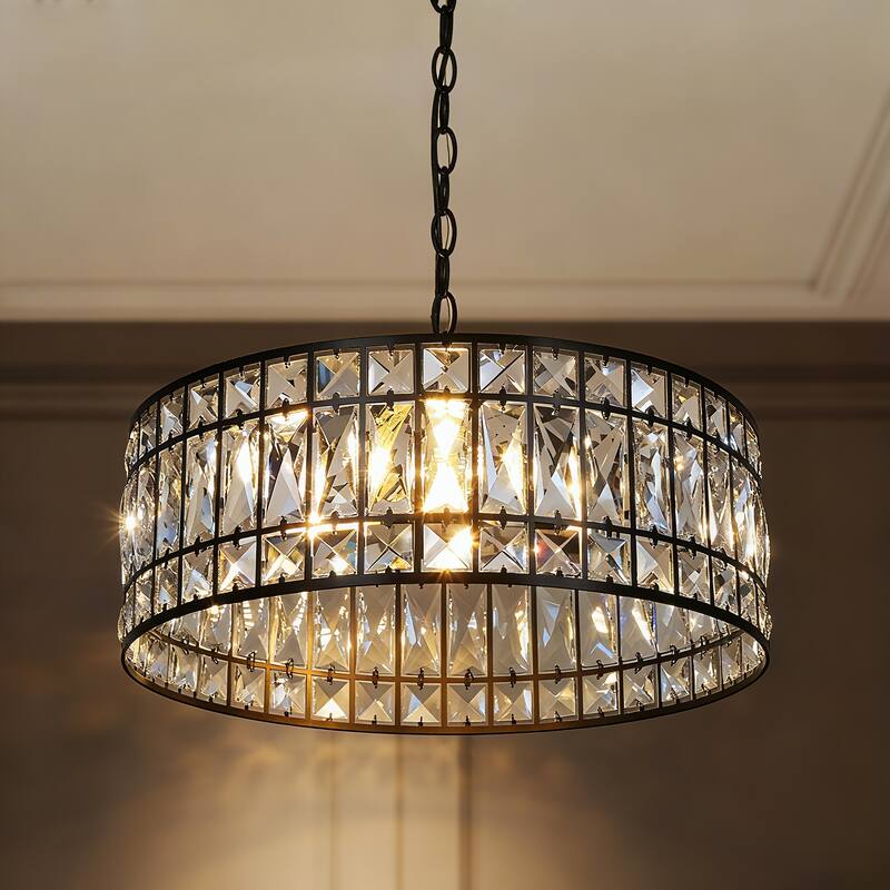 Aulia Modern 3-Light Black Crystal Drum Chandelier for Living Dining Room