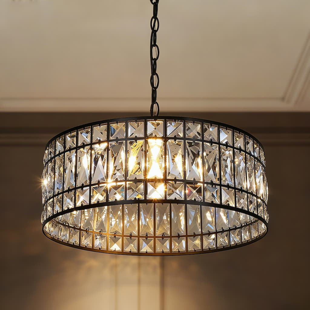 Aulia Modern 3-Light Black Crystal Drum Chandelier for Living Dining Room