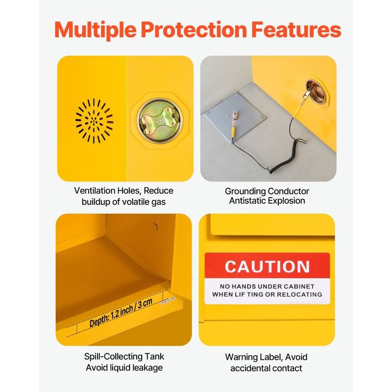 29 Gallon Heavy Duty Yellow Fireproof Cabinet for Flammable Liquids with Adjustable Shelves - 43” x 18.1” x 46.4”
