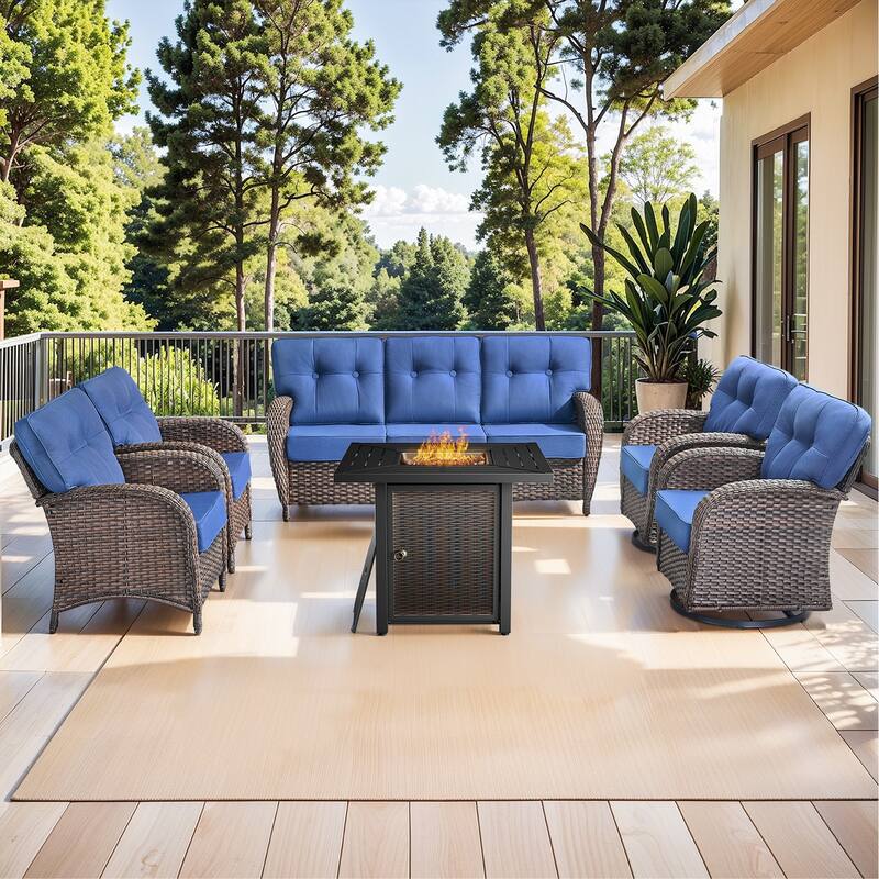 Pocassy Outdoor 30 In Fire Table with Sofa Patio Swivel Chair Set - Brown Wicker Blue Cushion - 6-Piece Sofa Patio Swivel Chair with Fire Table