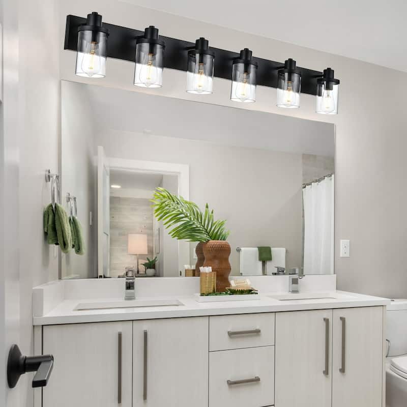 Rustic Wall Light Fixture in Matte Black Finish, 6 Light Bathroom Vanity Lighting with Clear Glass Shade, Wall Lamp Sconces